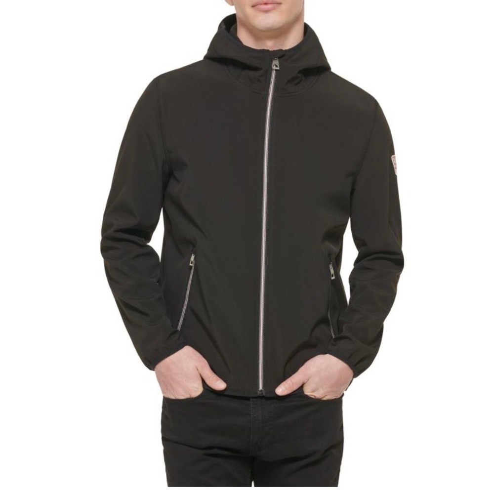Guess Men's‎ Black Hooded Softshell Jacket Full Zip Casual Outerwear Preppy Sz S